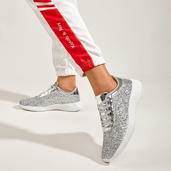 Lucky Step Women's Silver Sparkly Metallic Sequins Lightweight Glitter Shoes - Picture 7 of 8